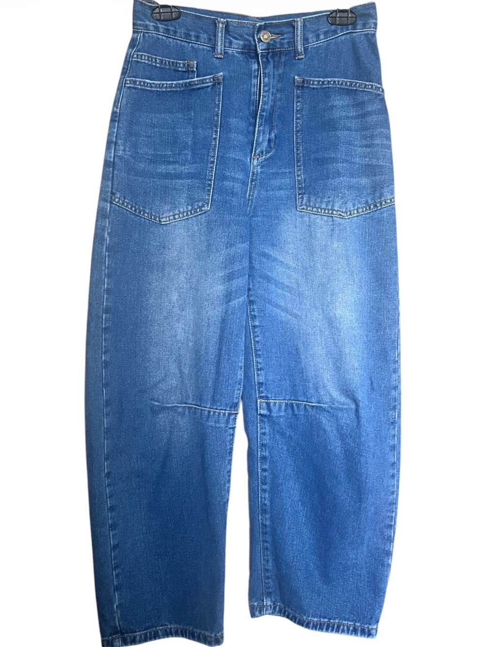 High Rise Faded Patch Pockets Barrel Jeans Lightweight Unbranded Blue SZ 4